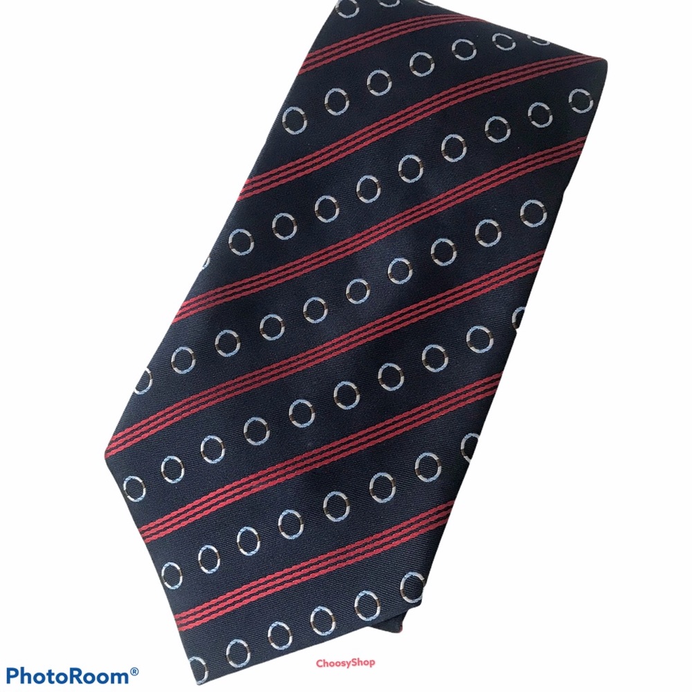 Tie Italian Design Red White Circles Stripes Navy Tie